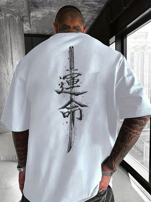 Men's summer 100% pure cotton fashionable casual loose Japanese samurai sword pattern printed round neck short sleeved T-shirt